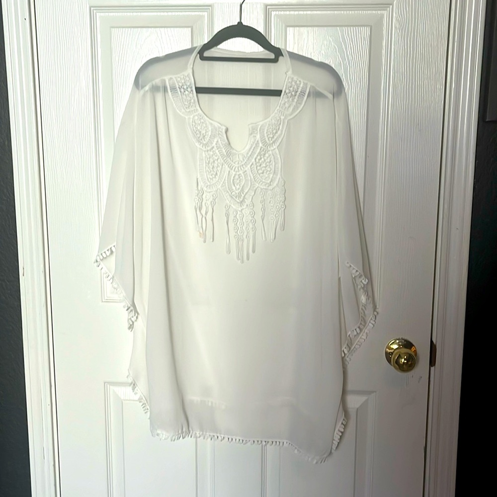 Sheer Beach Cover Up with lace neckline detail